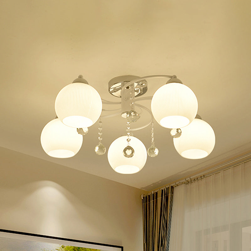 Traditional White Glass Ceiling Lamp with Crystal Draping - 3/5 Head Flush Mount