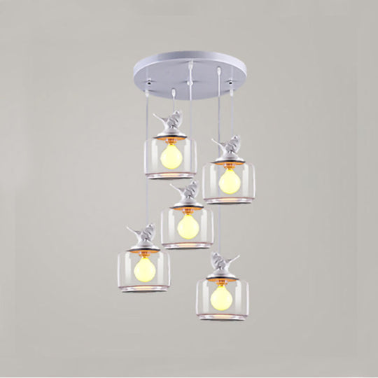 Modern Drum Hanging Lamp With Clear Glass And Bird Deco - Sleek White Ceiling Light For Living Room
