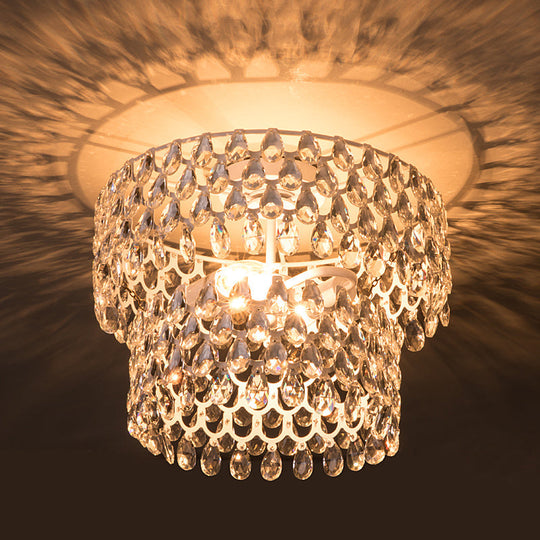 Contemporary 2-Light White Flush Mount With Crystal Droplet Accents