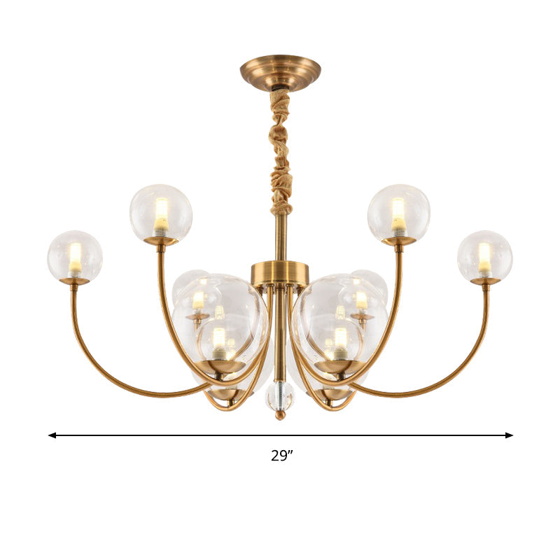 Arched Arm Chandelier With Elegant Metal Frame Globe Glass Shade Pendant Light For Living Room