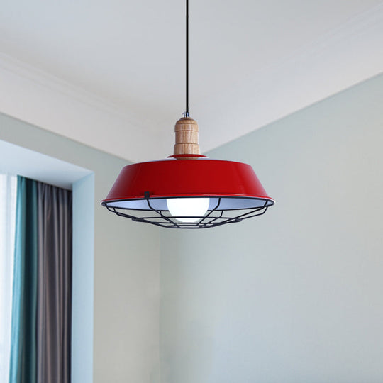 Retro Style Wire Cage Metal Suspension Lamp with Barn Shade - Ceiling Fixture in Blue/Green/Red