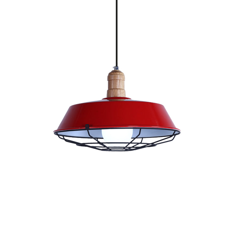 Retro-Style Wire Cage Suspension Lamp With Barn Shade - 1 Bulb Ceiling Fixture For Dining Room In