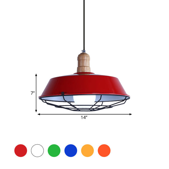 Retro-Style Wire Cage Suspension Lamp With Barn Shade - 1 Bulb Ceiling Fixture For Dining Room In