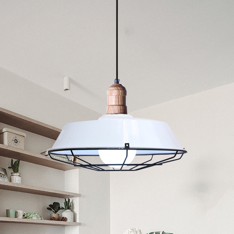 Retro-Style Wire Cage Suspension Lamp With Barn Shade - 1 Bulb Ceiling Fixture For Dining Room In