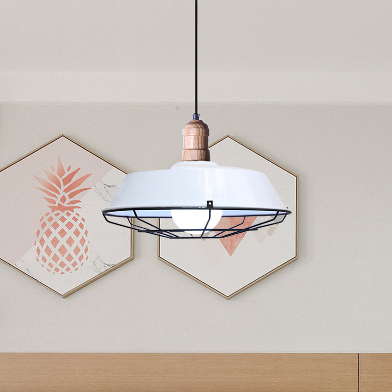 Retro Style Wire Cage Metal Suspension Lamp with Barn Shade - Ceiling Fixture in Blue/Green/Red