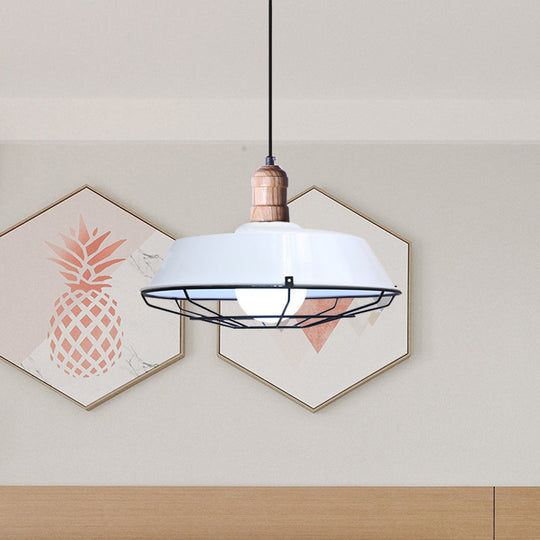 Retro-Style Wire Cage Suspension Lamp With Barn Shade - 1 Bulb Ceiling Fixture For Dining Room In