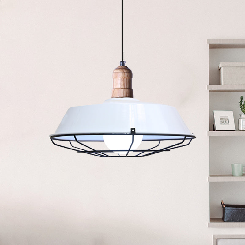 Retro-Style Wire Cage Suspension Lamp With Barn Shade - 1 Bulb Ceiling Fixture For Dining Room In