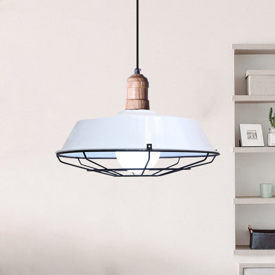 Retro-Style Wire Cage Suspension Lamp With Barn Shade - 1 Bulb Ceiling Fixture For Dining Room In