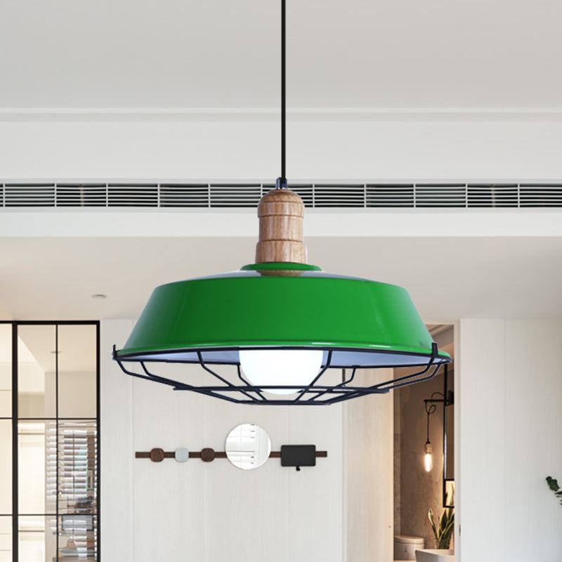 Retro Style Wire Cage Metal Suspension Lamp with Barn Shade - Ceiling Fixture in Blue/Green/Red