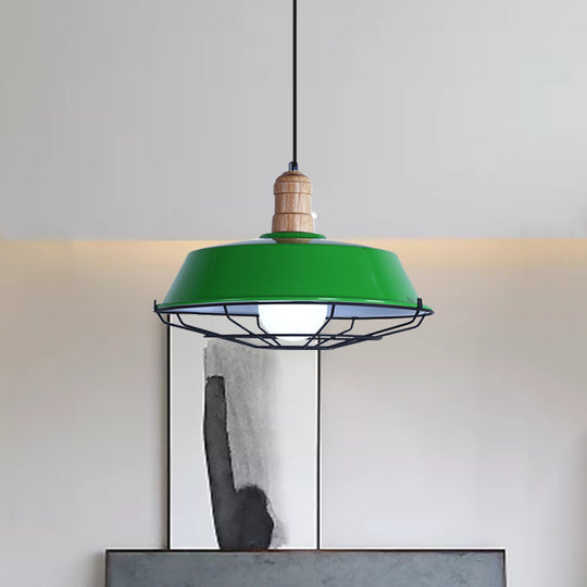 Retro Style Wire Cage Metal Suspension Lamp with Barn Shade - Ceiling Fixture in Blue/Green/Red