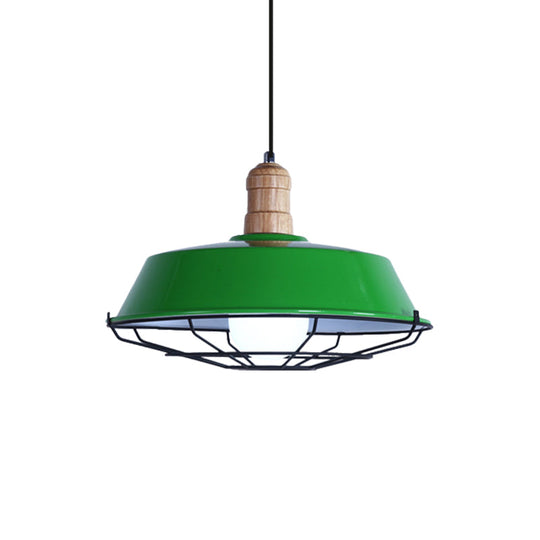 Retro Style Wire Cage Metal Suspension Lamp with Barn Shade - Ceiling Fixture in Blue/Green/Red