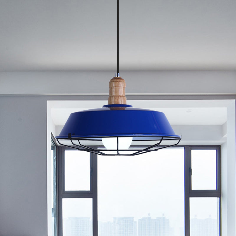 Retro Style Wire Cage Metal Suspension Lamp with Barn Shade - Ceiling Fixture in Blue/Green/Red