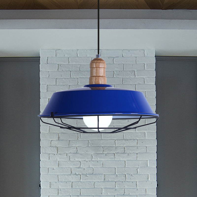 Retro-Style Wire Cage Suspension Lamp With Barn Shade - 1 Bulb Ceiling Fixture For Dining Room In