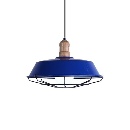 Retro Style Wire Cage Metal Suspension Lamp with Barn Shade - Ceiling Fixture in Blue/Green/Red