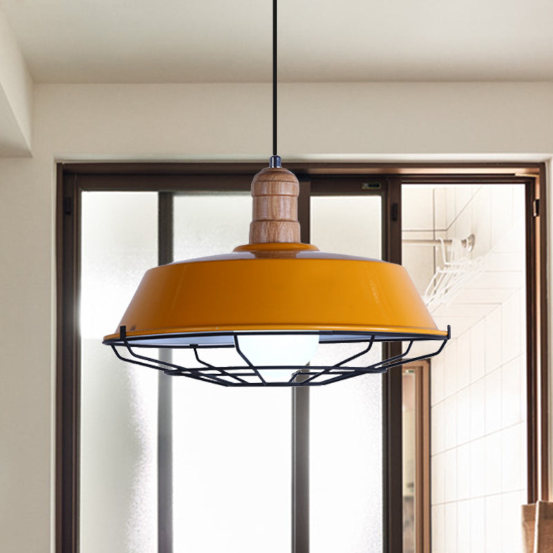 Retro-Style Wire Cage Suspension Lamp With Barn Shade - 1 Bulb Ceiling Fixture For Dining Room In
