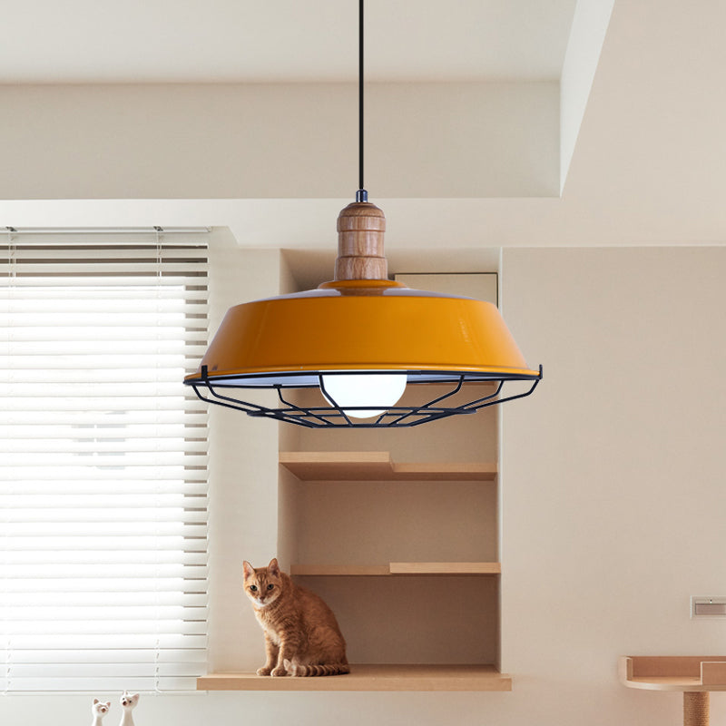 Retro-Style Wire Cage Suspension Lamp With Barn Shade - 1 Bulb Ceiling Fixture For Dining Room In