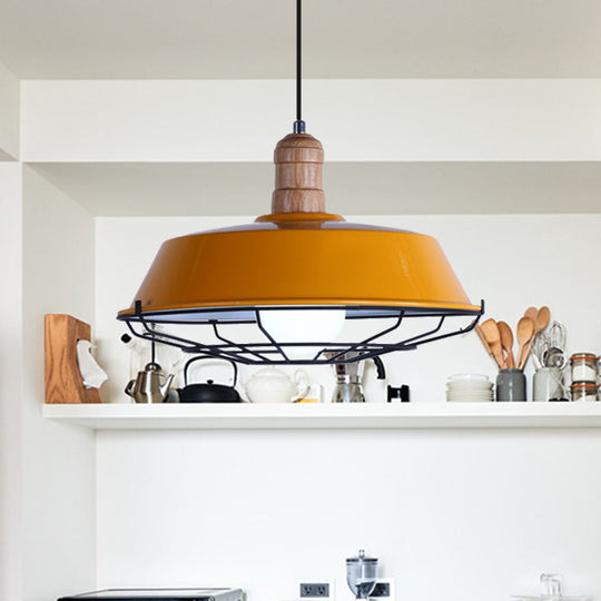 Retro-Style Wire Cage Suspension Lamp With Barn Shade - 1 Bulb Ceiling Fixture For Dining Room In
