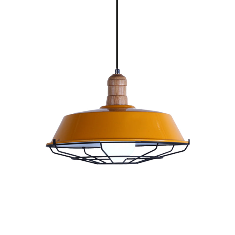 Retro-Style Wire Cage Suspension Lamp With Barn Shade - 1 Bulb Ceiling Fixture For Dining Room In