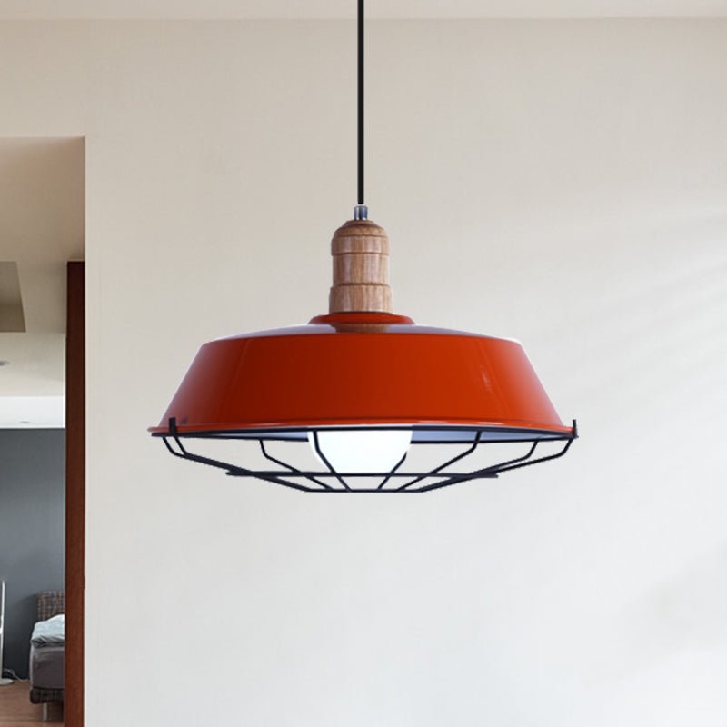 Retro-Style Wire Cage Suspension Lamp With Barn Shade - 1 Bulb Ceiling Fixture For Dining Room In