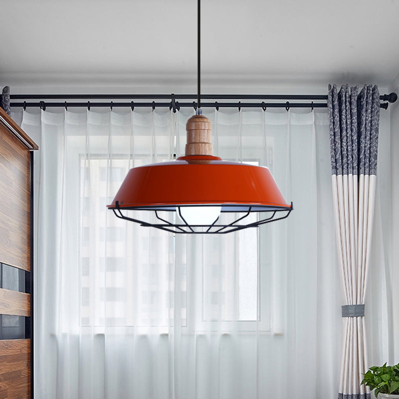 Retro Style Wire Cage Metal Suspension Lamp with Barn Shade - Ceiling Fixture in Blue/Green/Red