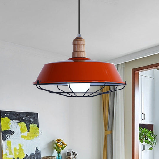Retro-Style Wire Cage Suspension Lamp With Barn Shade - 1 Bulb Ceiling Fixture For Dining Room In