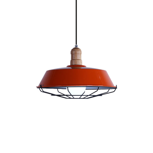 Retro Style Wire Cage Metal Suspension Lamp with Barn Shade - Ceiling Fixture in Blue/Green/Red