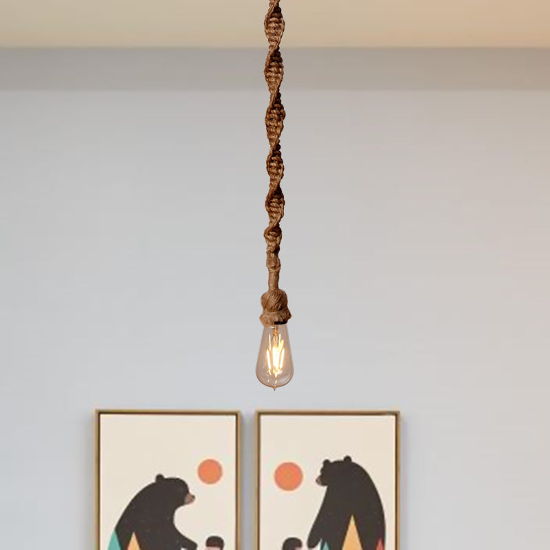 Minimalist 1/3-Head Rope Pendant Light Fixture In Brown For Bar - Exposed Bulb Hanging Lamp