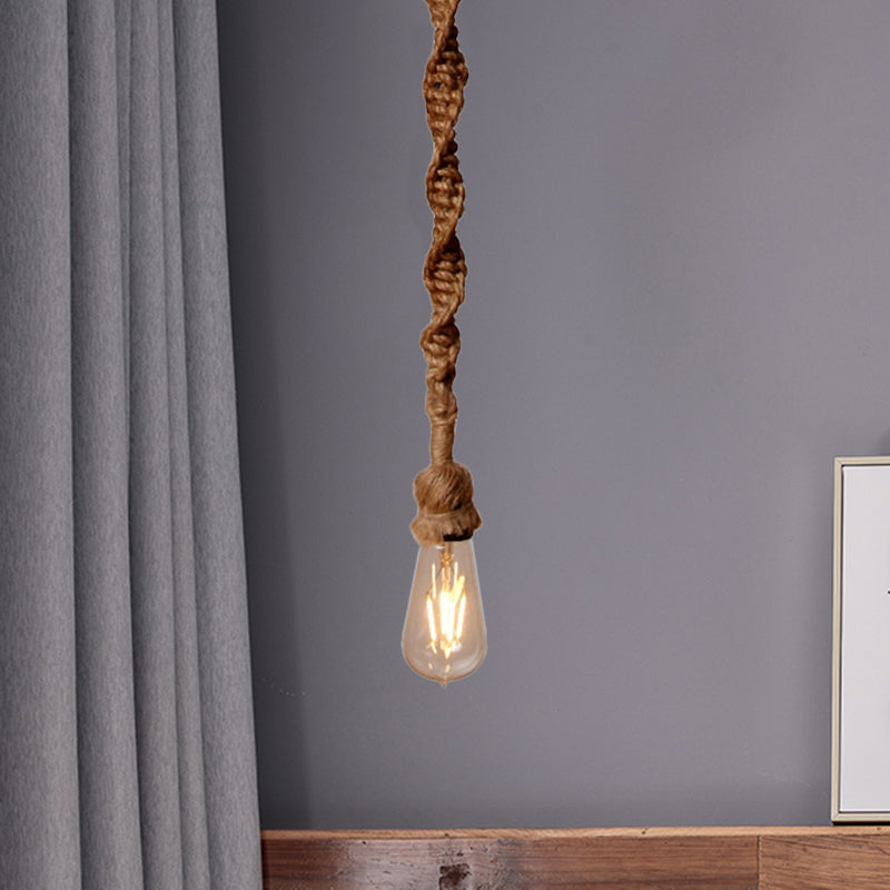 Minimalist 1/3-Head Rope Pendant Light Fixture In Brown For Bar - Exposed Bulb Hanging Lamp