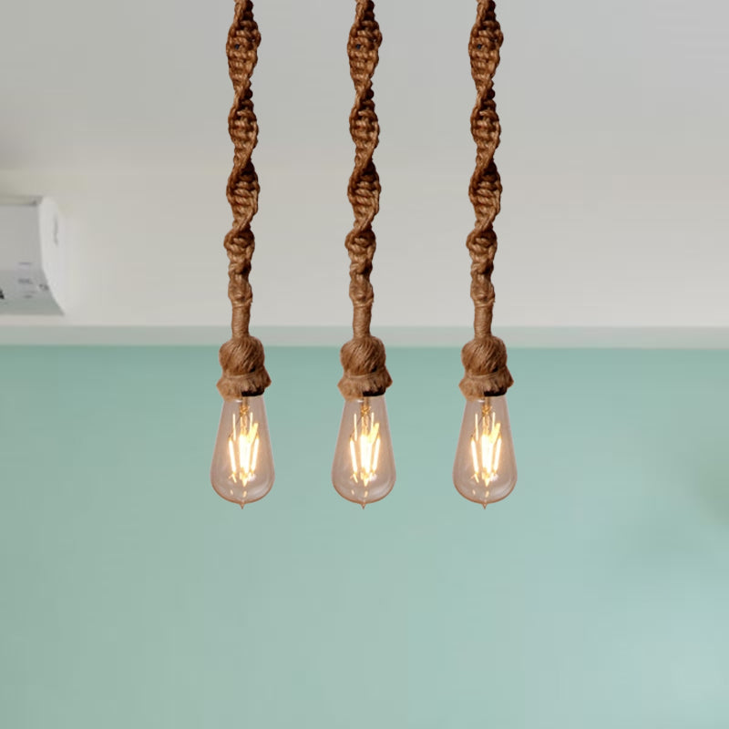 Minimalist 1/3-Head Rope Pendant Light Fixture In Brown For Bar - Exposed Bulb Hanging Lamp / 3