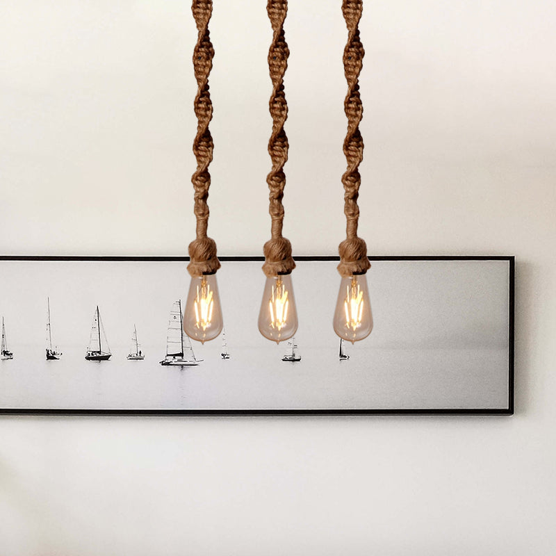 Minimalist 1/3-Head Rope Pendant Light Fixture In Brown For Bar - Exposed Bulb Hanging Lamp