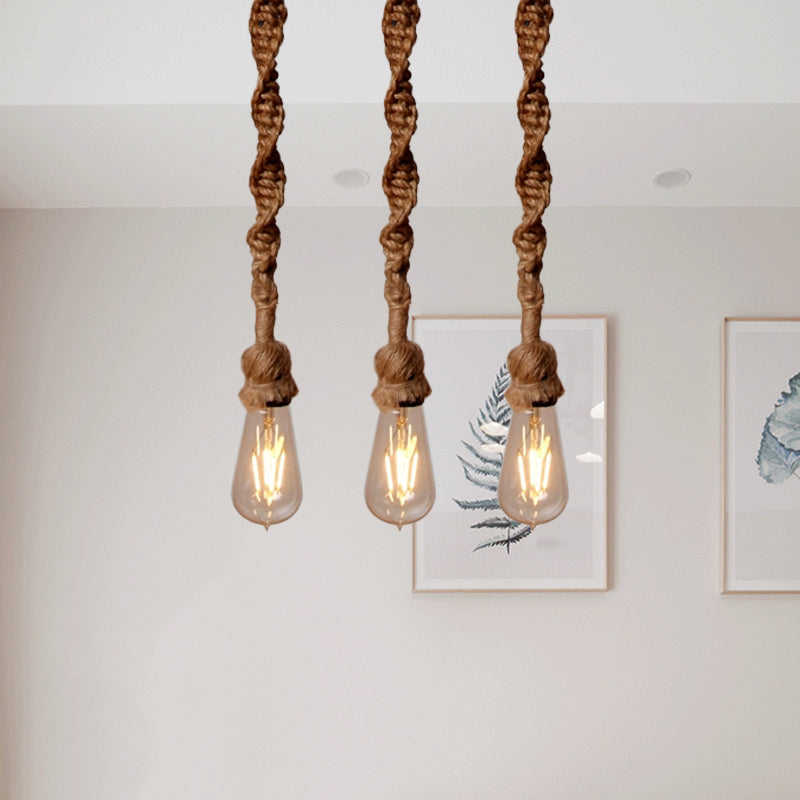 Minimalist 1/3-Head Rope Pendant Light Fixture In Brown For Bar - Exposed Bulb Hanging Lamp