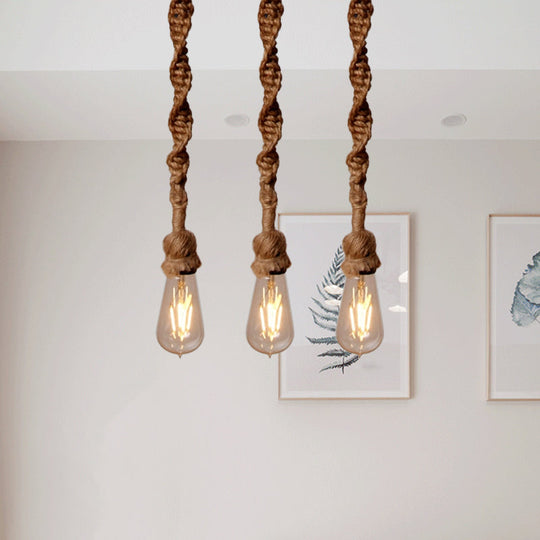 Minimalist 1/3-Head Rope Pendant Light Fixture In Brown For Bar - Exposed Bulb Hanging Lamp