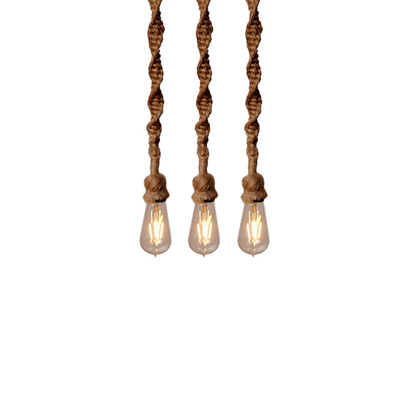 Minimalist Exposed Bulb Rope Pendant Light in Brown for Bar - 1/3 Head Hanging Lamp