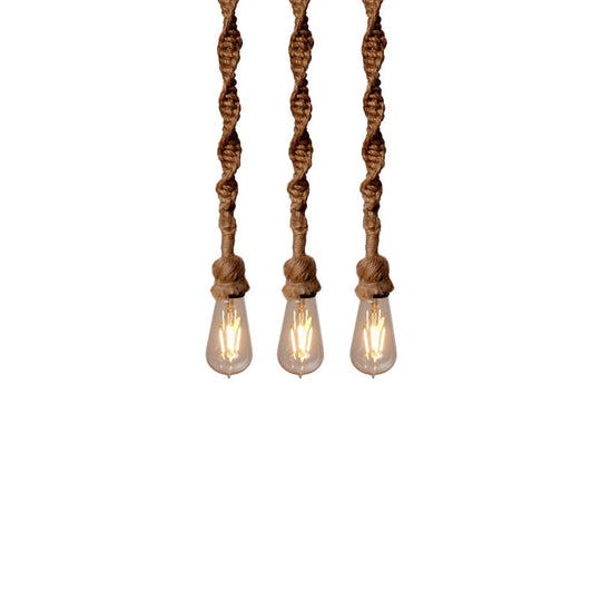 Minimalist Exposed Bulb Rope Pendant Light in Brown for Bar - 1/3 Head Hanging Lamp
