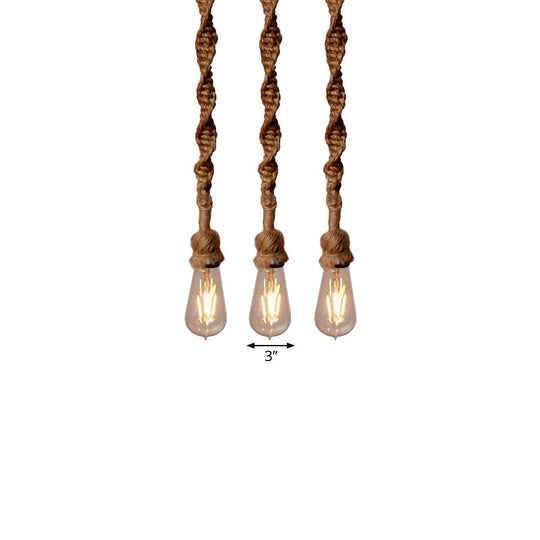 Minimalist 1/3-Head Rope Pendant Light Fixture In Brown For Bar - Exposed Bulb Hanging Lamp