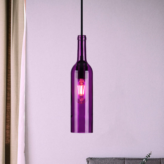 Lampe suspendue industrielle à 1 tête en verre avec abat-jour en forme de bouteille rouge/jaune pour salle à manger