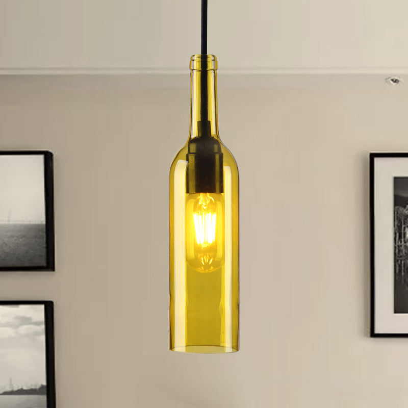 Lampe suspendue industrielle à 1 tête en verre avec abat-jour en forme de bouteille rouge/jaune pour salle à manger