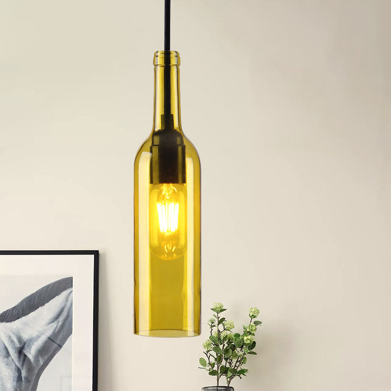 Lampe suspendue industrielle à 1 tête en verre avec abat-jour en forme de bouteille rouge/jaune pour salle à manger
