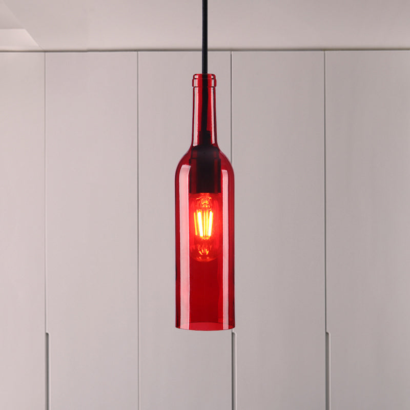 Lampe suspendue industrielle à 1 tête en verre avec abat-jour en forme de bouteille rouge/jaune pour salle à manger