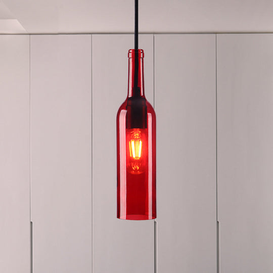 Lampe suspendue industrielle à 1 tête en verre avec abat-jour en forme de bouteille rouge/jaune pour salle à manger