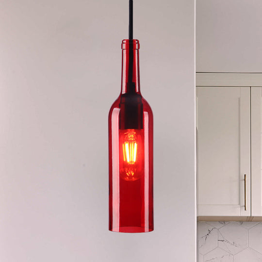 Lampe suspendue industrielle à 1 tête en verre avec abat-jour en forme de bouteille rouge/jaune pour salle à manger