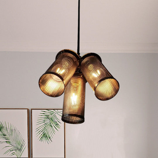 Vintage Style Iron Cylinder Pendant Light - 3 Heads Black Suspension Lamp with Mesh Cage Shade
