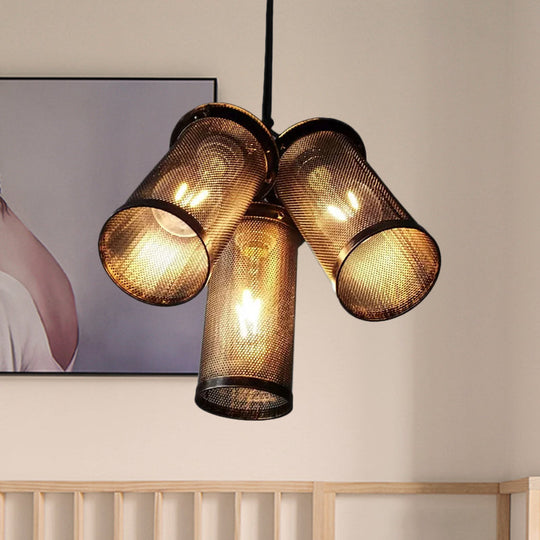 Vintage Style Iron Cylinder 3-Light Black Hanging Restaurant Lamp With Mesh Cage Shade