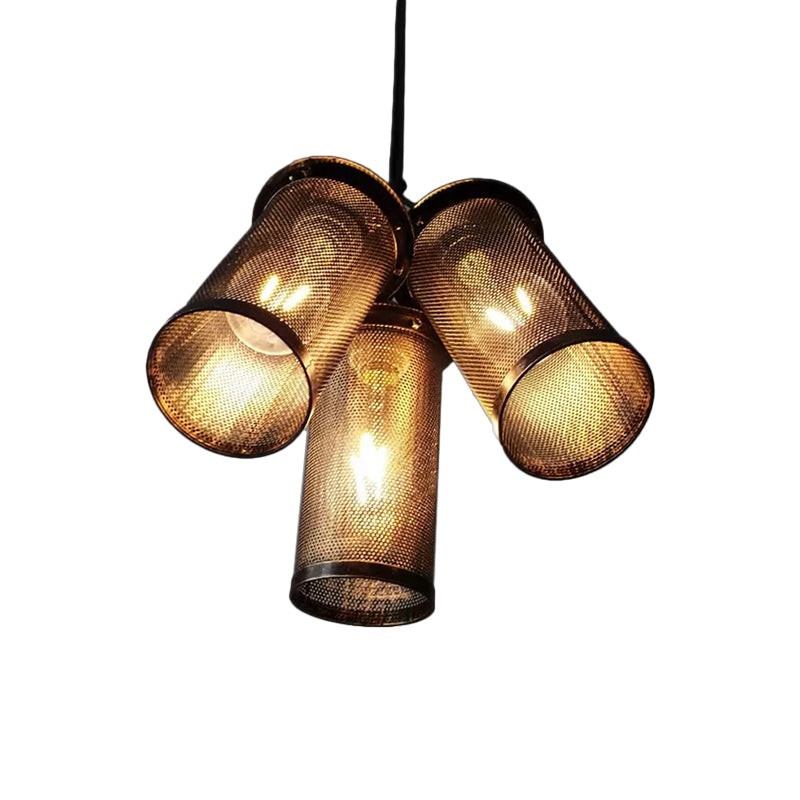 Vintage Style Iron Cylinder Pendant Light - 3 Heads Black Suspension Lamp with Mesh Cage Shade