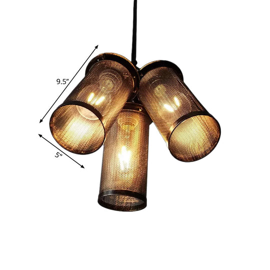 Vintage Style Iron Cylinder Pendant Light - 3 Heads Black Suspension Lamp with Mesh Cage Shade