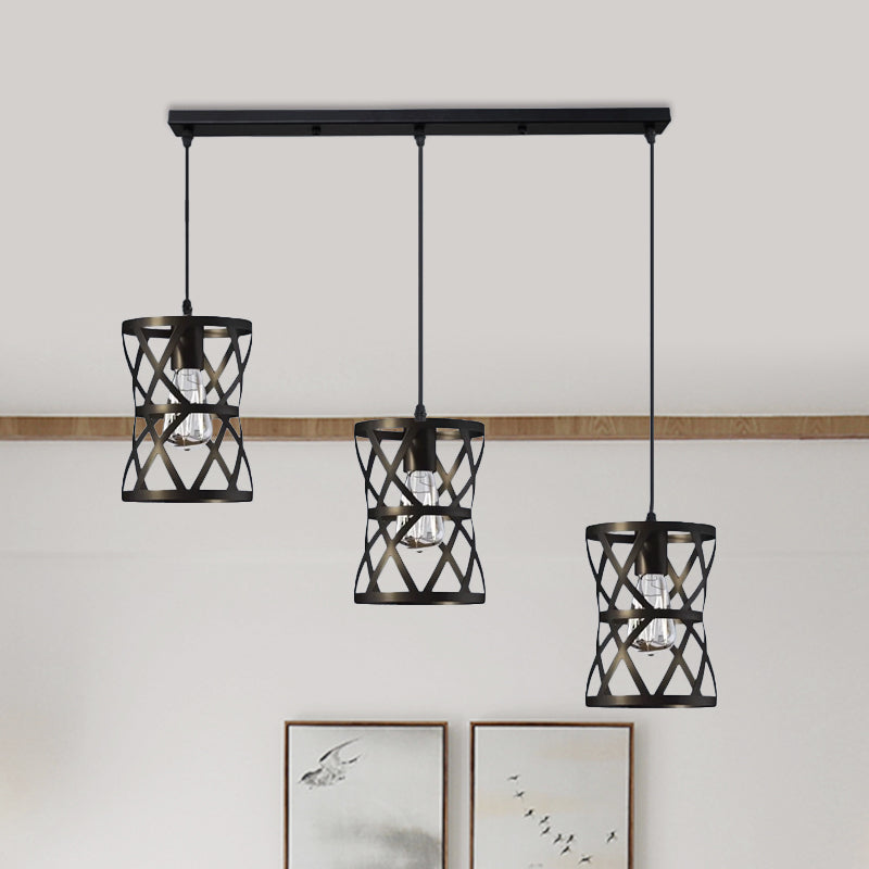 Farmhouse 3-Head Pendant Lamp: Cylindrical Metal Suspension Light With Black Cage Shade
