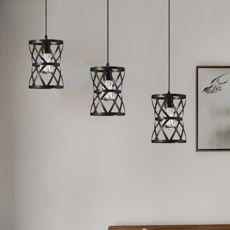Black Metal 3-Headed Farmhouse Pendant Light with Cage Shade for Living Room Suspension