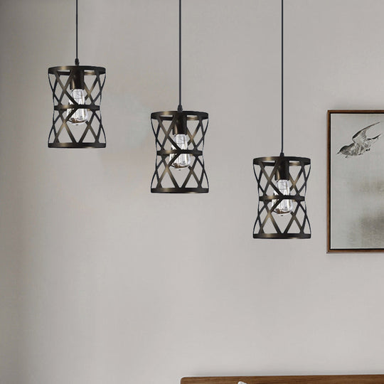 Black Metal 3-Headed Farmhouse Pendant Light with Cage Shade for Living Room Suspension