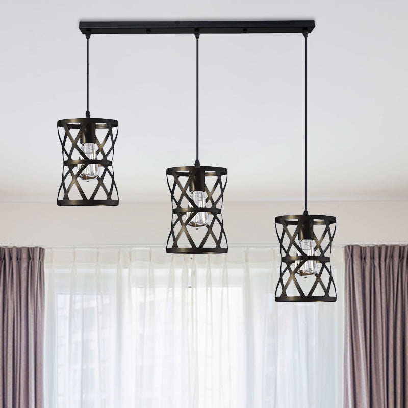Black Metal 3-Headed Farmhouse Pendant Light with Cage Shade for Living Room Suspension