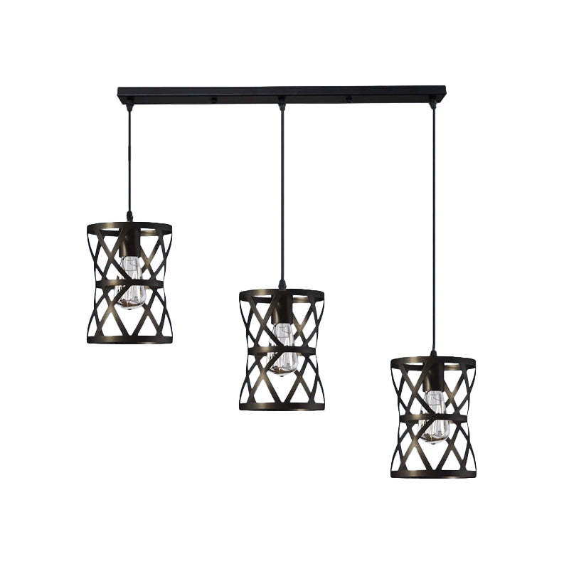 Black Metal 3-Headed Farmhouse Pendant Light with Cage Shade for Living Room Suspension